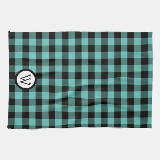 Linge De Cuisine Aqua vert et noir de bison plaqué avec Monogramme (Horizontal)