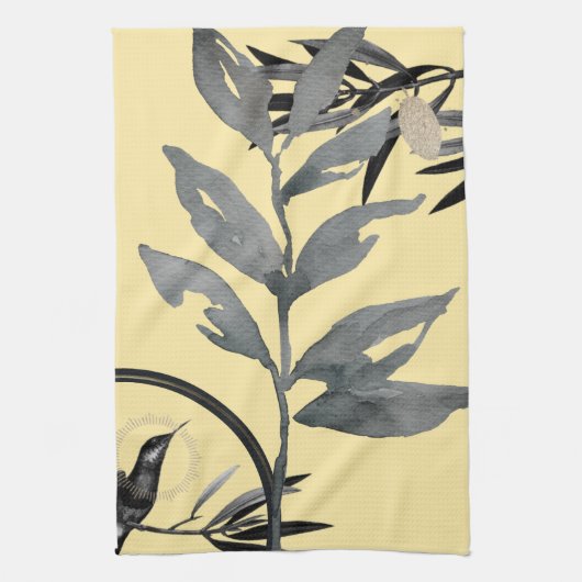 Linge De Cuisine Aquarelle artistique jaune et gris Feuilles (Vertical)