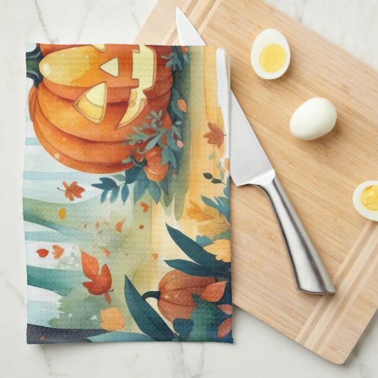 Linge De Cuisine Aquarelle Automne Citrouilles Automne Feuilles For (Quart Plié)