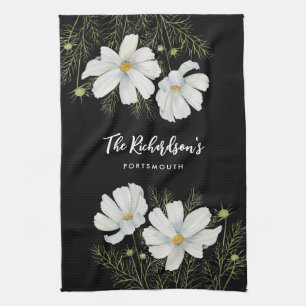 Linge De Cuisine Aquarelle Blanc Cosmos Fleurs Peinture Botanique