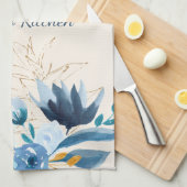 Linge De Cuisine Aquarelle bleu moderne Floral Personnalisé (Quart Plié)