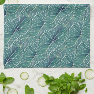 Linge De Cuisine Aquarelle Bleu Vert Turquoise Tropical Feuille Mot