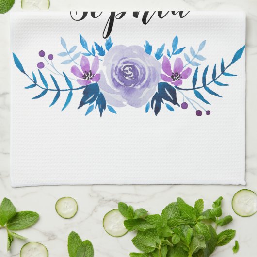Linge De Cuisine Aquarelle bleu violet couronne florale Texte perso (Plié)