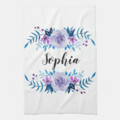 Linge De Cuisine Aquarelle bleu violet couronne florale Texte perso (Vertical)
