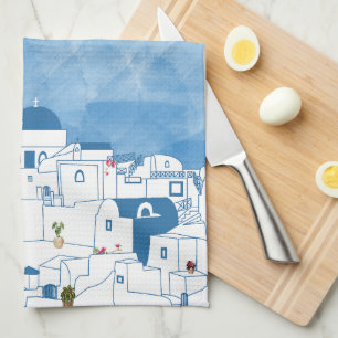 Linge De Cuisine Aquarelle bleue et blanche Santorin Grèce