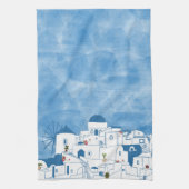 Linge De Cuisine Aquarelle bleue et blanche Santorin Grèce (Vertical)