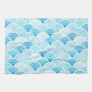 Linge De Cuisine Aquarelle bleue Seigaiha Waves Motif