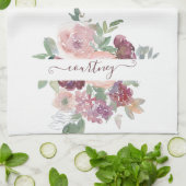 Linge De Cuisine Aquarelle Bourgogne et rose florale personnalisée (Plié)