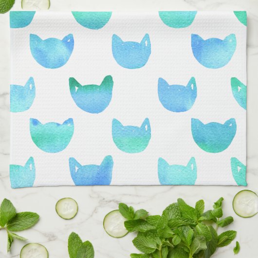Linge De Cuisine Aquarelle Chat plan bleu vert (Plié)