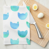 Linge De Cuisine Aquarelle Chat plan bleu vert (Quart Plié)