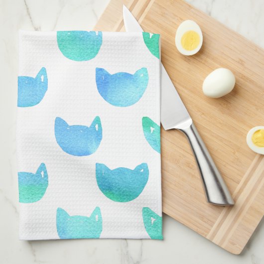 Linge De Cuisine Aquarelle Chat plan bleu vert (Quart Plié)