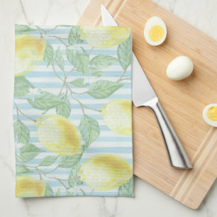 Linge De Cuisine Aquarelle citrons et bandes bleues Monogrammes