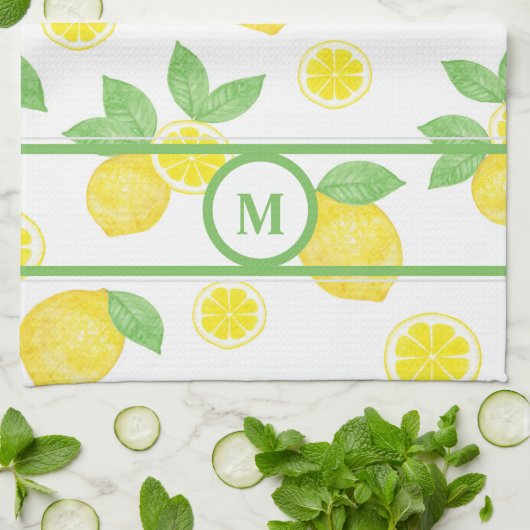 Linge De Cuisine Aquarelle citrons jaune frais vert personnalisé (Plié)