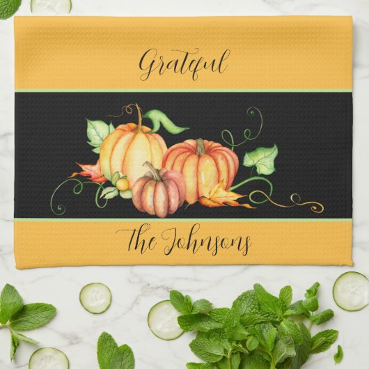 Linge De Cuisine Aquarelle citrouilles et feuilles personnalisés (Plié)
