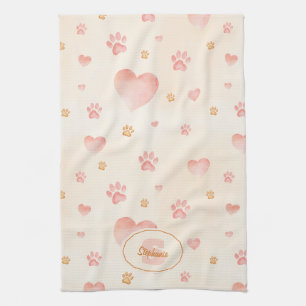 Linge De Cuisine Aquarelle Coeurs et Empreintes de pattes Motif