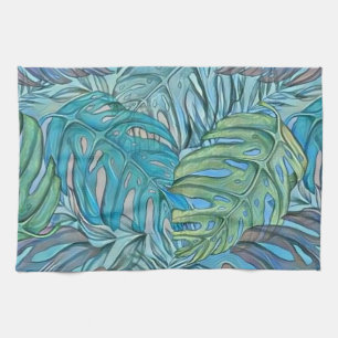 Linge De Cuisine Aquarelle couleur bleu vert tropical feuille