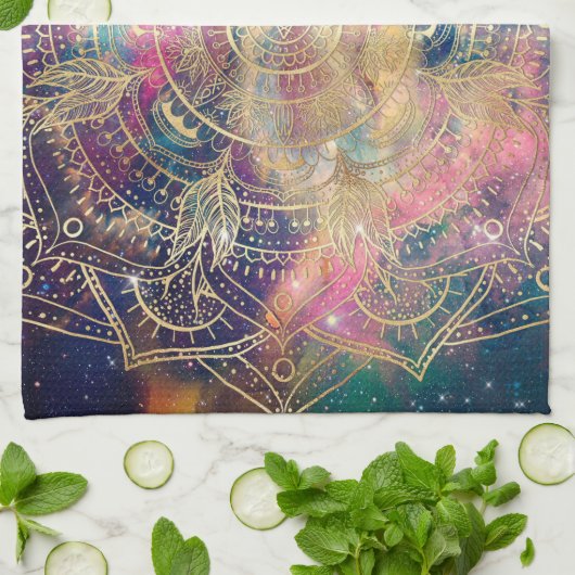 Linge De Cuisine Aquarelle couleur Mandala or élégant Nebula (Plié)