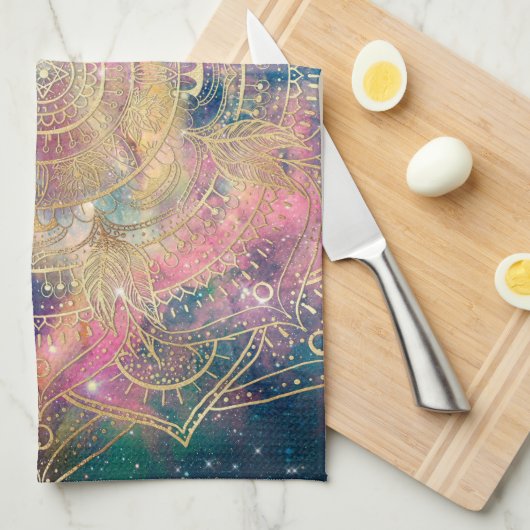 Linge De Cuisine Aquarelle couleur Mandala or élégant Nebula (Quart Plié)
