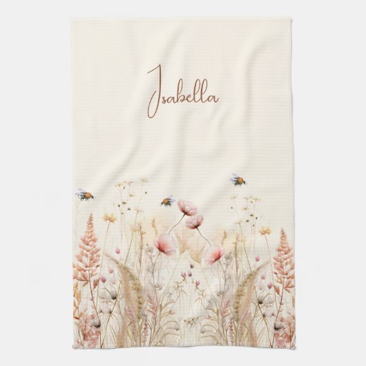 Linge De Cuisine Aquarelle crème beige fleur sauvage rose boho (Vertical)