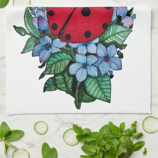 Linge De Cuisine Aquarelle Cute Ladybird Avec Fleurs Bleues Sauvage (Plié)