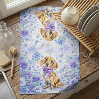 Linge De Cuisine Aquarelle Dachshund Fleurs Violettes