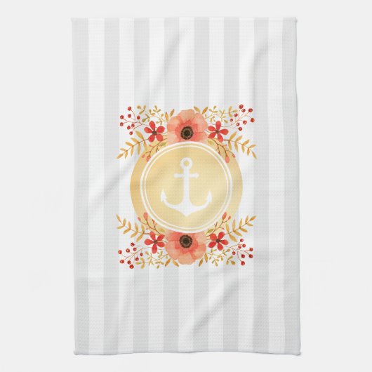 Linge De Cuisine Aquarelle d'Ancre marine or à rayures florales (Vertical)