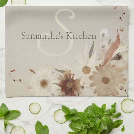 Linge De Cuisine Aquarelle d'automne Monogramme floral Personnalisé (Plié)