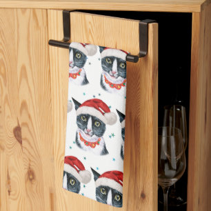 Linge De Cuisine Aquarelle de Noël Noir et Blanc Chat