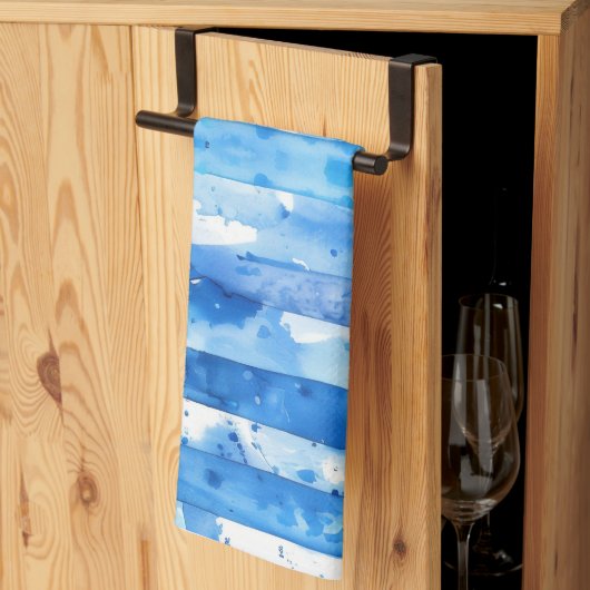 Linge De Cuisine Aquarelle Décor de plage bleu et blanc rayé (Pliage en tiers)