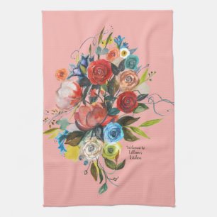 Linge De Cuisine Aquarelle douce Bouquet Coral personnalisable