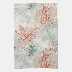 Linge De Cuisine Aquarelle élégante de corail côtier et de vagues o