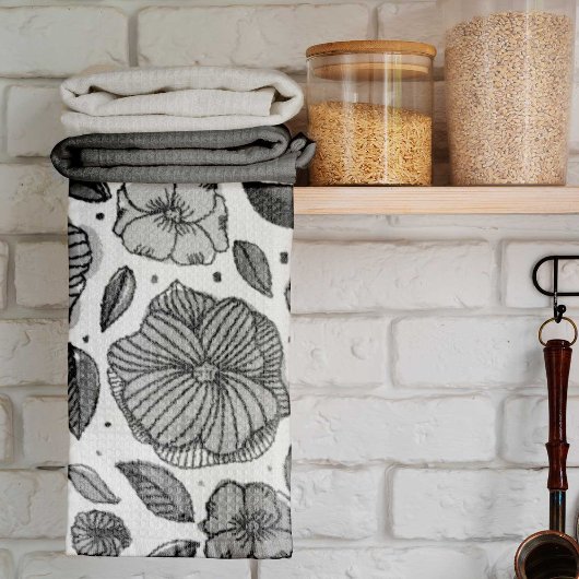 Linge De Cuisine Aquarelle et fleurs d'encre - noir et blanc