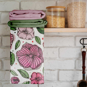 Linge De Cuisine Aquarelle et fleurs d'encre - rose et vert