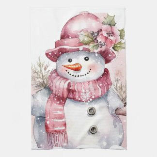 Linge De Cuisine Aquarelle festive bonhomme de neige rose de Noël