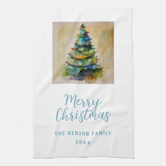 Linge De Cuisine Aquarelle festive Joyeux Arbre de Noël Artistique (Vertical)