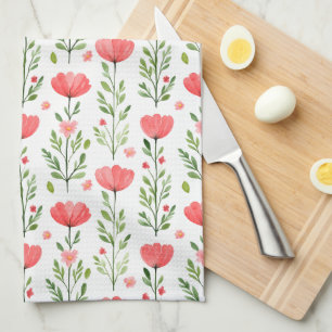 Linge De Cuisine Aquarelle Fleur de Pavot Rose Corail