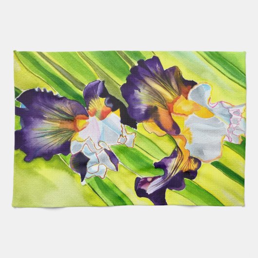 Linge De Cuisine Aquarelle fleur iris violet vert (Horizontal)