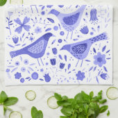 Linge De Cuisine Aquarelle Fleur sauvage et ornithologique bleu bla (Plié)