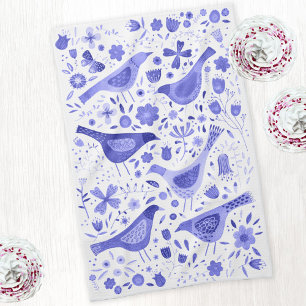 Linge De Cuisine Aquarelle Fleur sauvage et ornithologique bleu bla