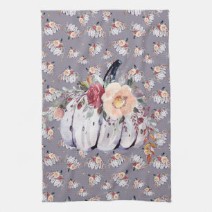 Linge De Cuisine Aquarelle fleurie violet citrouille d'automne