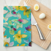 Linge De Cuisine Aquarelle fleurs bleues blanches (Quart Plié)