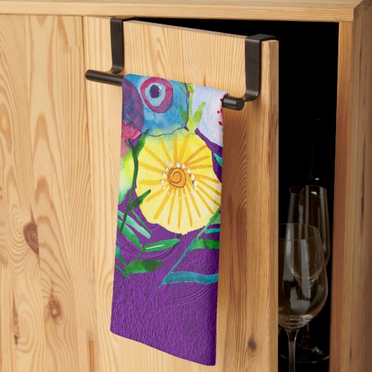 Linge De Cuisine Aquarelle fleurs violettes fleuries florales (Pliage en tiers)