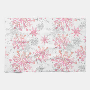 Linge De Cuisine Aquarelle Flocons de neige d'hiver rose et paillet