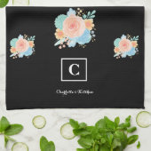 Linge De Cuisine Aquarelle Floral Rose Monogramme noir (Plié)