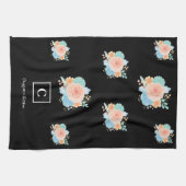 Linge De Cuisine Aquarelle Floral Rose Monogramme noir (Horizontal)