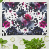 Linge De Cuisine Aquarelle florale magenta rose et bleu épais (Plié)