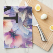 Linge De Cuisine Aquarelle florale monogramme rose pourpre panses (Quart Plié)