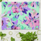 Linge De Cuisine Aquarelle florale motif rose violet turquoise (Plié)