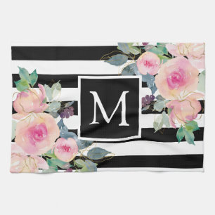 Linge De Cuisine Aquarelle Florale Stripes Nom Rose Noir Blanc