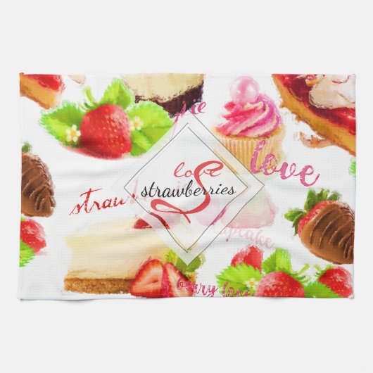 Linge De Cuisine Aquarelle Fraise Sucres Aimer Monogramme (Horizontal)